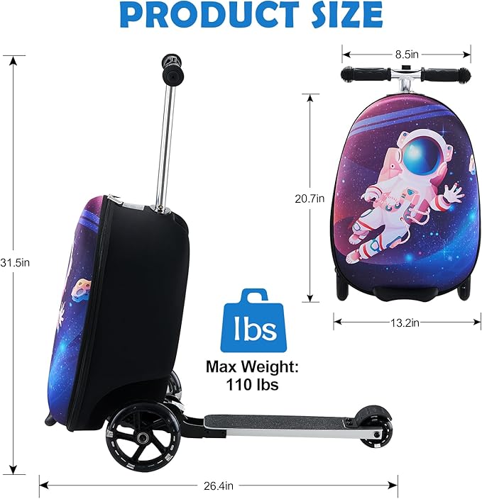 Yacul Kids Suitcase Scooter, 2-in-1 Foldable Luggage with LED Light Wheels, Lightweight Carry-On Travel Suitcase for Boys and Girls(Blue)