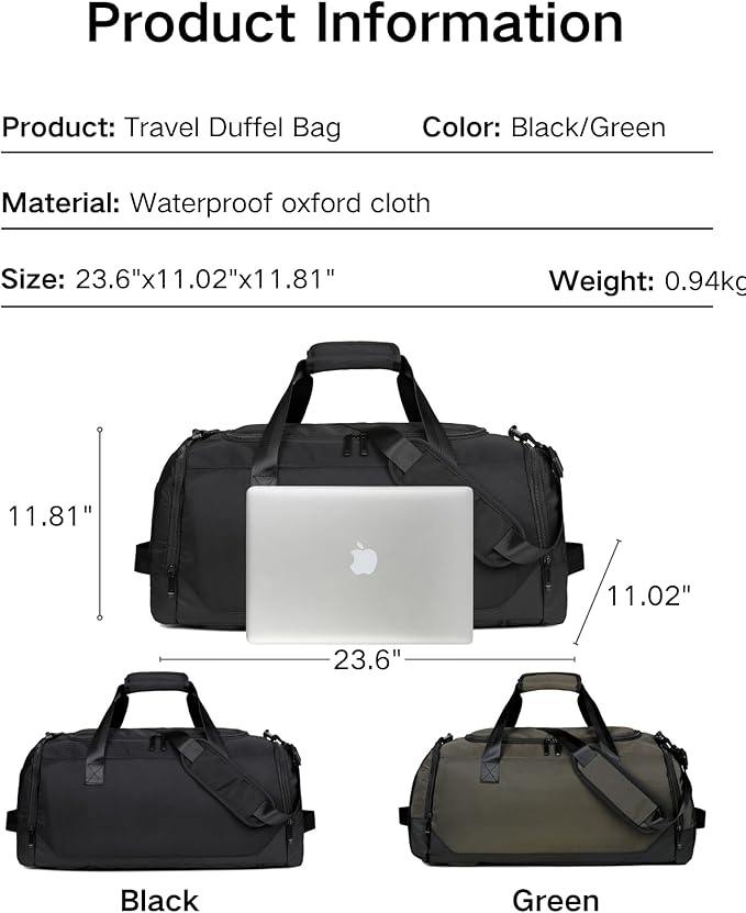 Travel Duffle Bag Backpack for Men Women, 50L Sports Gym Bags with Shoe Compartment & Wet Pocket, Waterproof Carry On Bag Backpack for Workout, Fitness, Overnight Trips Black