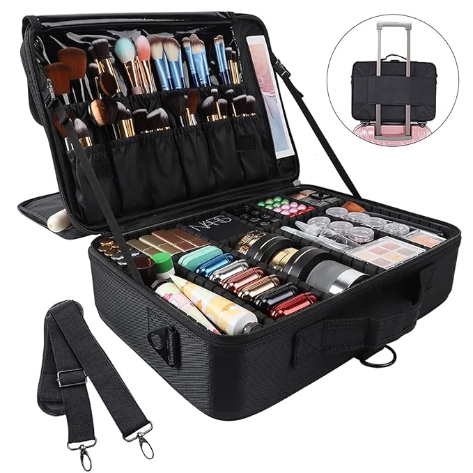 gzcz Large Capacity Travel Makeup Train Case,Professional Cosmetic Bags for Women,Portable Makeup Brush Bag Organizer Storage with Adjustable Dividers and Shoulder Strap