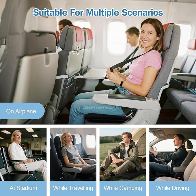 Larger Self-Inflating Airplane Seat Cushion for Long Flights – Portable Travel Cushion Airplane Seat - Memory Foam Travel Seat Cushion Providing Pressure Relief (Black)