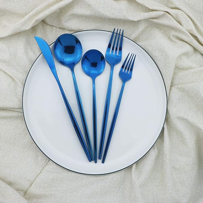 JASHII Shiny Blue Silverware Set, 20-Piece Stainless Steel Satin Finish Flatware, Kitchen Utensils, Mirror Polished Tableware Cutlery for Home and Restaurant, Dishwasher Safe
