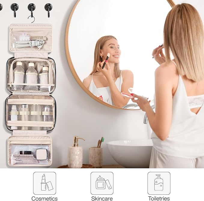 Hanke Hanging Travel Toiletry Bag for Women with Jewelry Organizer Compartment, Travel Essentials Toiletries and Makeup Bag, Water-Resistant & Stain-Resistant with Trolley Strap (Black)