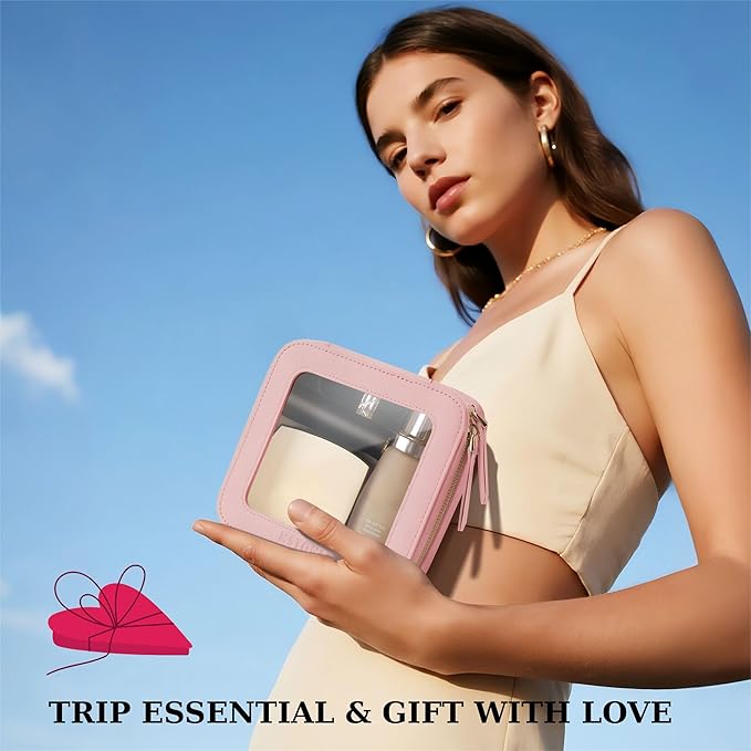 Clear Makeup Bag, Travel Toiletry Bag Cosmetic Case for Women, Waterproof Portable Small Make Up Skincare Pouch with Zipper, Compact Car Organizer Bag for Essentials, Mini Size, Pink