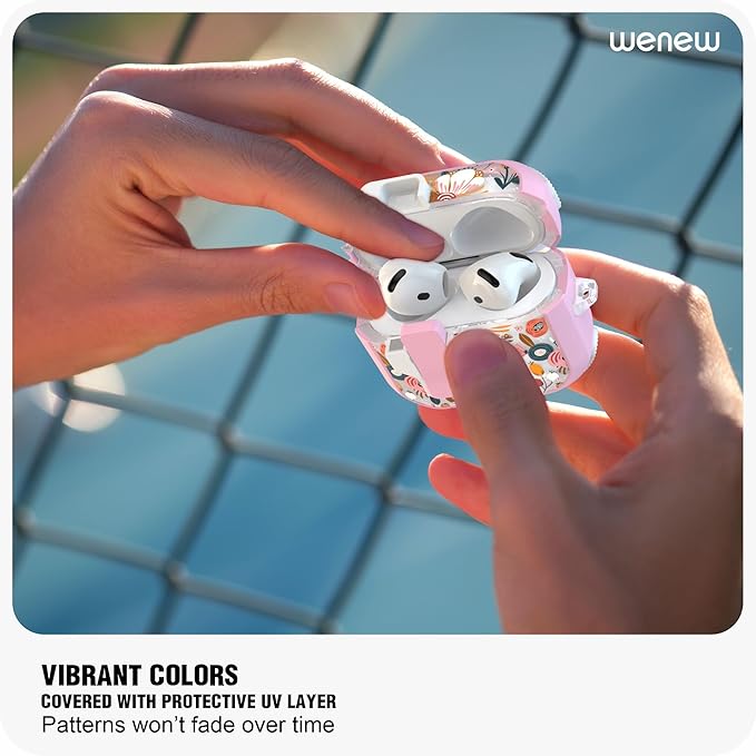 WENEW Case for AirPods 4th Case Cover Secure Lock Automatic Snap Switch Clip Cleaner Kit Lanyard Women Stylish Flower Armour Hard Shell Full Body Front LED Visible (Pink Flower, AirPods 4th)