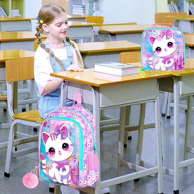 WZLVO 3PCS Cat Backpack for Girls, 16'' Kids Preschool Bookbag with Lunch Box, Cute Animal Water Resistant School Bag for Elementary Kindergarten Toddler