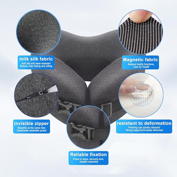 Memory Foam Travel Neck Pillow 360 Support for Airplane, Adjustable Neck Pillow for Travel with 3D Eye Mask, Earplugs & Portable Bag, Office Car Nap Pillow (Grey)