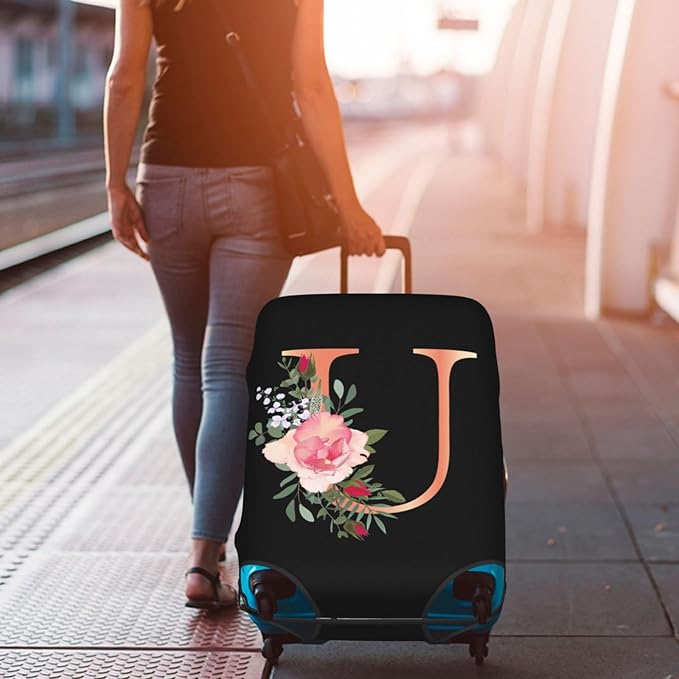 Floral Letter U Travel Luggage Cover Spandex Suitcase Protector Elastic Washable Stretch Suitcase Cover,Size L(Fit 25-28inch Suitcase)