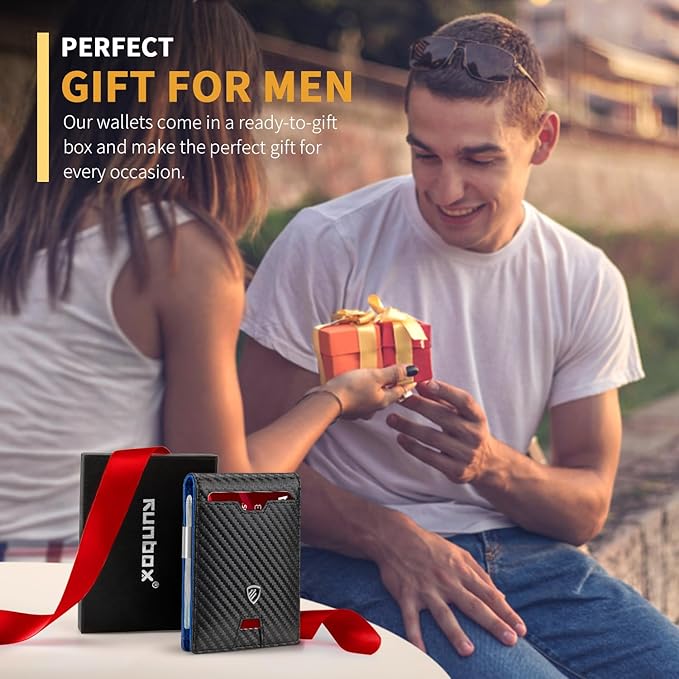 RUNBOX Mens Slim Wallet with Money Clip RFID Blocking Bifold Credit Card Holder for Men with Gift Box