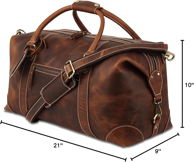 KomalC Leather Duffel Bags for Men and Women - Full Grain Buffalo Leather - Dark Tan