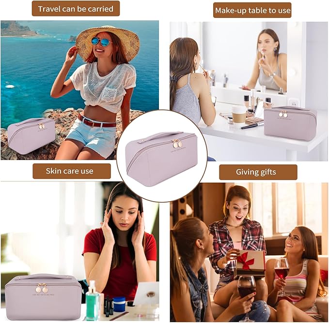 Travel Makeup Bag, Large Capacity Cosmetic Organizer Bags for Women, Waterproof PU Leather Toiletry Bags, Wide Open Flat Makeup Case with Divider and Handle