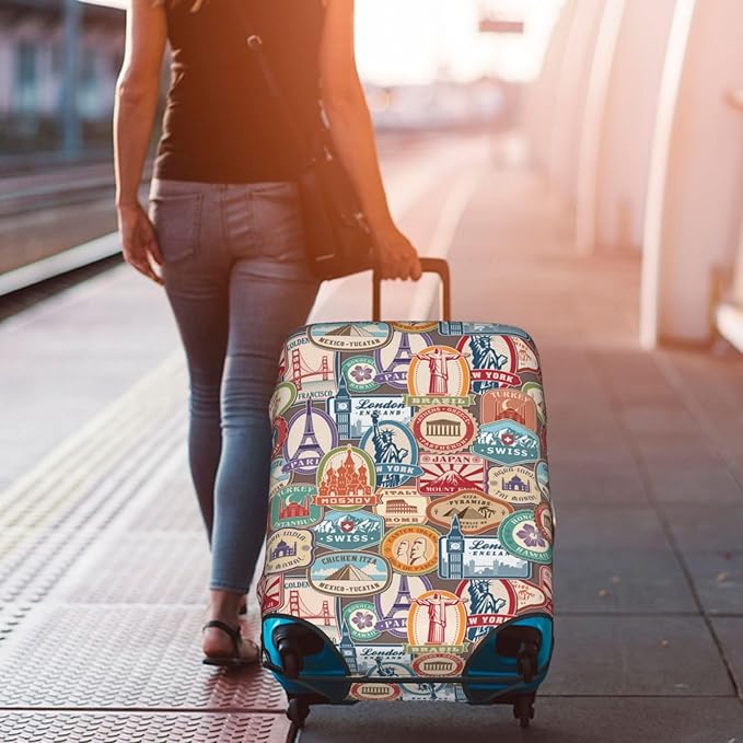 National Landmarks Stickers Luggage Cover Washable Suitcase Protector, Monuments Stamps Stickers Luggage Tag Birthday Gifts (XL 29-32 Inch Luggage)