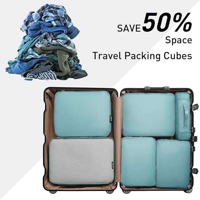 Bagail Ultralight Compression Cubes 7 Set - 3 Packing Cubes, 3 Organizers, and 1 Shoe Bag