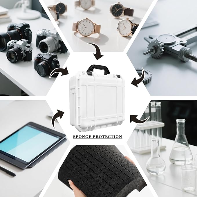 1 Pcs 16.3 x 12.4 x 6.5 Inch Waterproof Hard Case with DIY Customizable Foam Insert Portable Protective Case with Knife for Camera Drones Equipments Tools Test Instruments (White)