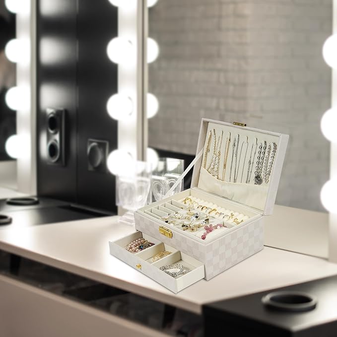 GUOER Jewelry Box for Women Girl Wife - Large PU Leather Jewelry Organizer Storage Case with Two Layers Display for Earrings Bracelets Rings Watches (Light Khaki)