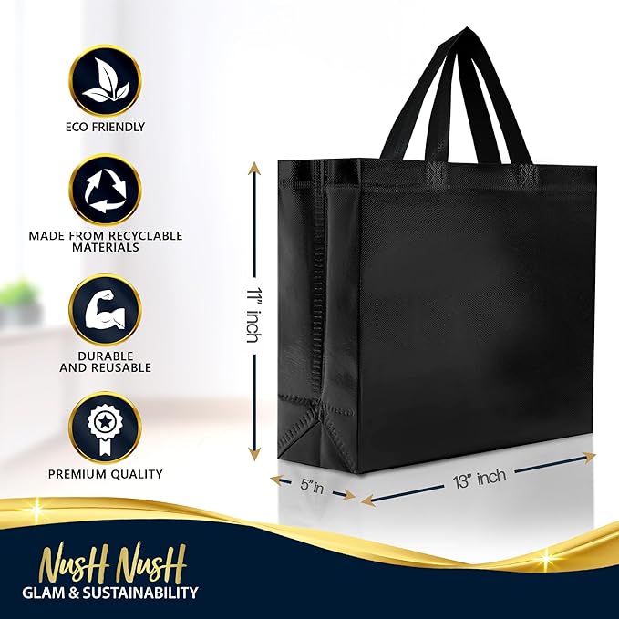 Nush Nush Set of 30 Black Gift Bags Bulk - Shiny Black Reusable Large Gift Bags with Handles - Ideal for Small Business, Big Parties and Events, Corporate Gifts, Halloween, Christmas Gifts - 13x5x11