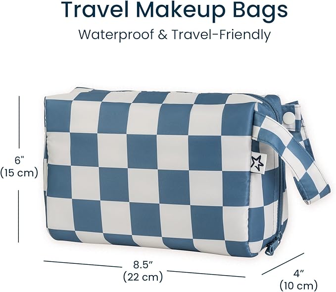 Tiny Twinkle Waterproof Travel Toiletry & Makeup Bag Organizer | Large Capacity Cosmetic Case with Compartments & Handle, A Thoughtful Travel Companion for Women(Blue Checkers