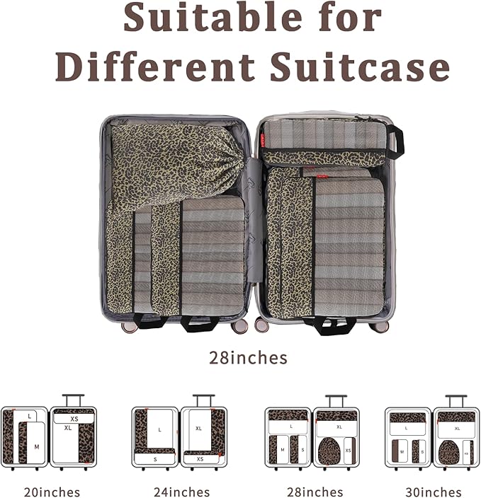 U+U 6 Set Compression Packing Cubes - Ultralight Travel Organizers with Laundry Bag, Space-Saving Suitcase Organizer, Expandable Packing Cubes for Travel, Business Trip and Family Vacation (Leopard)