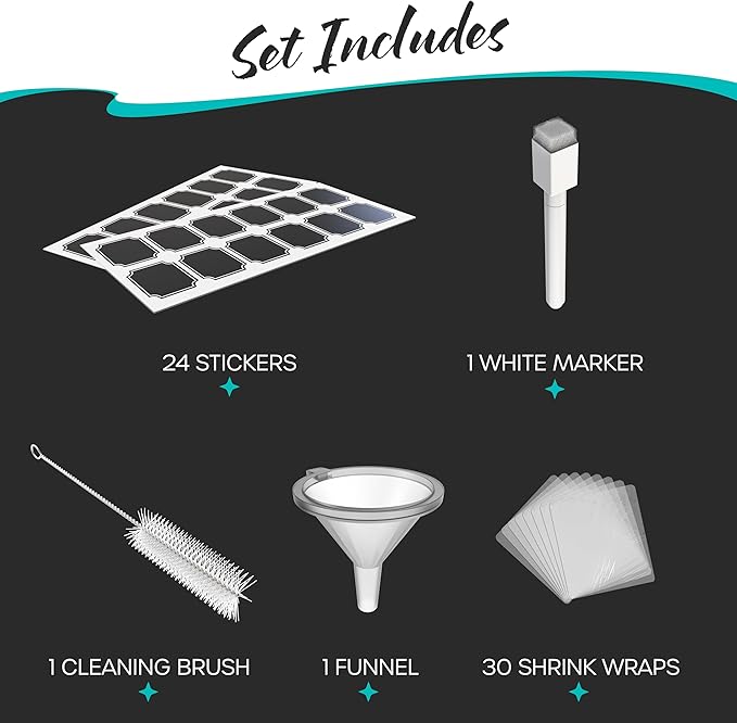 Nevlers 1 Oz Amber Glass Spray Bottles Small 24 Pack | Travel Spray Bottle Set w/Shrink Wrap, Funnel, Brush, Marker, & Labels | Dark Glass Bottles for Oil & Water | Perfume Travel Refillable Bottle