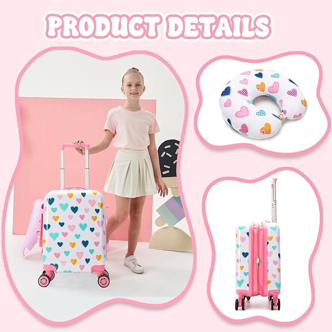 Kid's Luggage Set 3 Piece Suitcase Set 16" Hardside Luggage with Spinner Wheels Girls Carry on Toddler Travel Rolling Suitcase with Duffle Bag Neck Pillow Airline Approved
