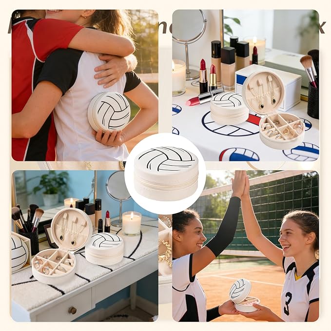 Adboros 18 Pack Volleyball Mini Travel Jewelry Case White Round Volleyball Stuff Portable Jewelry Organizer Storage Case Small Faux Leather Jewelry for Sports Team Birthday Goodie Favors Gifts Bulk