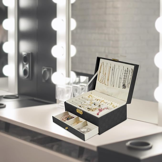 GUOER Jewelry Box for Women Girl Wife - Large PU Leather Jewelry Organizer Storage Case with Two Layers Display for Earrings Bracelets Rings Watches (Checkered Black)