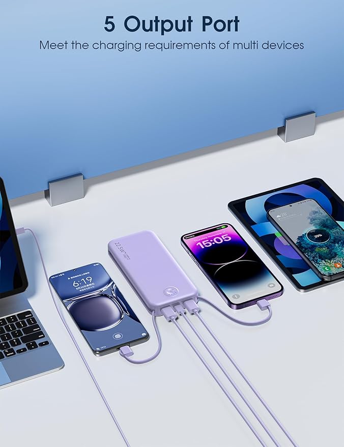 22.5W Super Fast Charging Portable Charger with Wall Plug,12000mAh USB-C Power Bank Built-in 2 Cable, Lightweight Phone Charger Travel Battery Pack for all iPhone, Samsung, Tablets