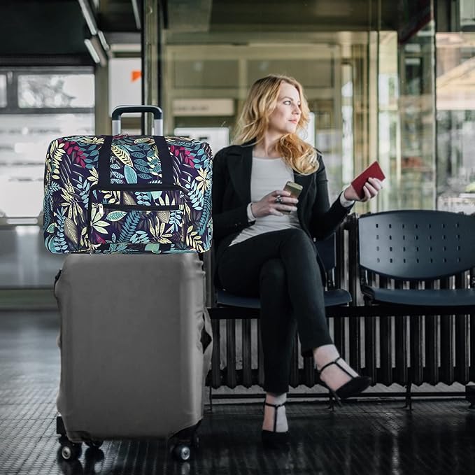 F.FETIVIN Weekender Bag Carry On Travel Duffle Medium Overnight Bag for Women (Blue Leaf)