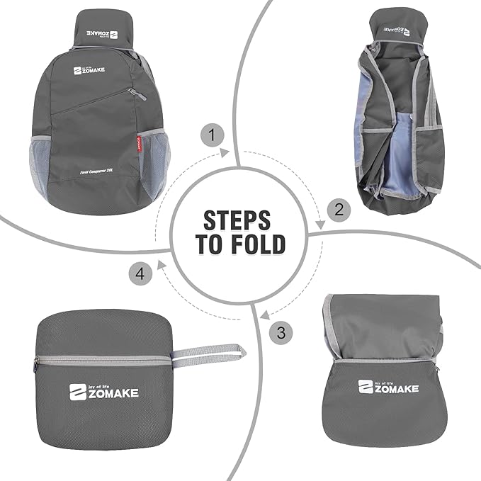 ZOMAKE Lightweight Packable Backpack 20L, Foldable Backpacks Small Daypack for Hiking Water Resistant Day Bag for Travel(Medium Grey)