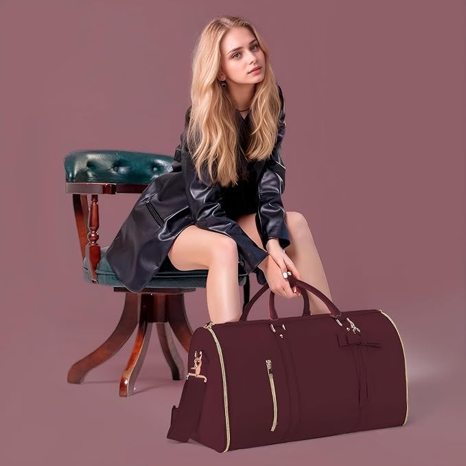 Garment Bags for Travel, Convertible Suit Travel Bag for Women, Stylish Carry On Garment Bag with Toiletry Pocket, Shoulder Strap and Shoes Compartment, 2 in 1 Foldable PU Leather Duffle Bag, Sangria