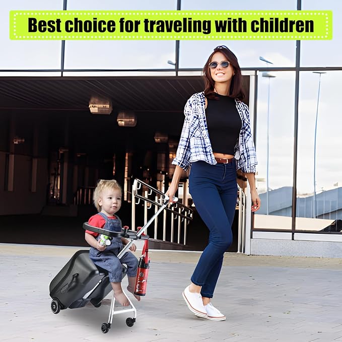 Children's Ride-On Suitcase,Kids Ride-On luggage, Kids Luggage Set, Travel Student Trolley Boarding Toy Box, 2-in-1 Case & Baby Stroller,Black