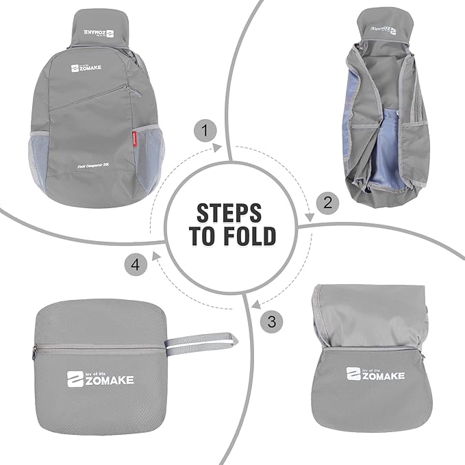 ZOMAKE Lightweight Packable Backpack 20L, Foldable Backpacks Small Daypack for Hiking Water Resistant Day Bag for Travel(Silver Grey)