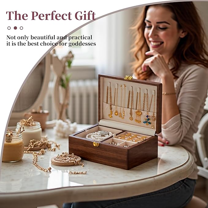 Wooden Jewelry Box For Women Jewelry Organizer Box With Lock 2 Layer Jewelry Holder Organizer For Necklace Ring Earring