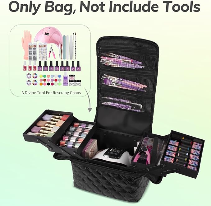 Deciniee Travel Makeup Bag, 4 Trays Large Cosmetic Bag for Woman with Adjustable Dividers, Organizer Bag Waterproof, Travel Essentials Cosmetic Bag, Train Case for Nail Tech Black