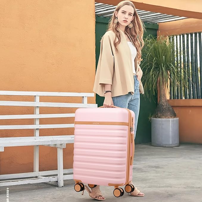 UKEIN Luggage Sets 3 Piece, PC Hardside Checked Luggage 28 Inch With Spinner Wheels with TSA Lock, Large Suitcase Set With Travel Backpack for Men (Pink, 3 piece set (28inch))