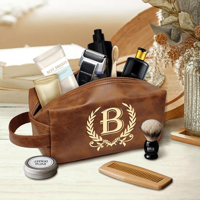 Mens Personalized Toiletry Bag Leather Waterproof Kit, Travel Shaving Bag for Men, Gifts for Christmas(B)