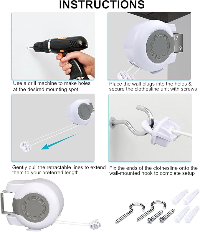 Retractable Clothesline Outdoors, 49 Feet PVC Heavy Duty Retractable Clothes Line, Compact Design Clothes Line Outdoors Space Saving, Weatherproof for Garden, Patio, Balcony