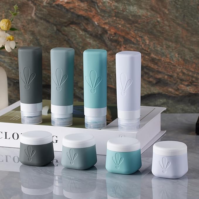 INSFIT 8 Pack Silicone Travel Bottles & Cream Jars with Toiletry Bag, 3oz Leakproof Containers & 2oz Jars with Waterproof Labels, BPA-Free Squeezable Toiletries Set for Shampoo, Lotion, Cosmetics