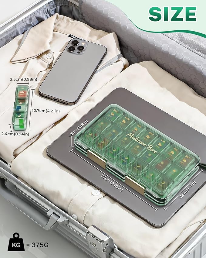 Weekly Pill Organizer 3x a Day - 7 Day Pill Box with 21 Compartments (Morning/Noon/Night), BPA-Free Daily Pill Case, Portable Medicine Organizer for Vitamins, Supplements & Medication【Upgrade】 (Green)