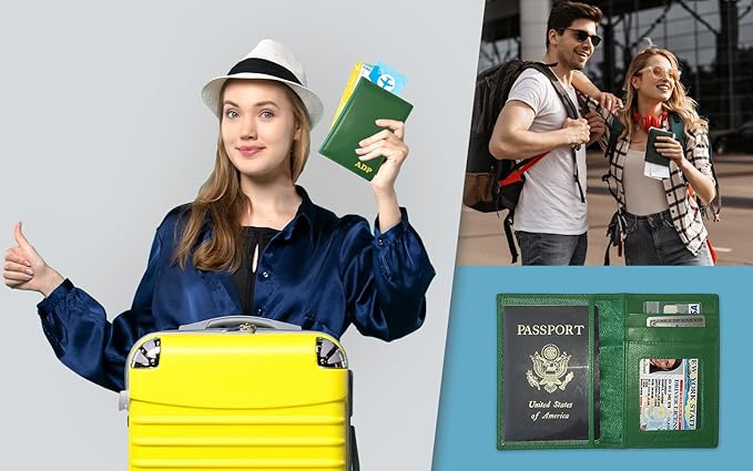 Personalized Monogrammed Emerald Green Leather RFID Passport Wallet and Luggage Tag