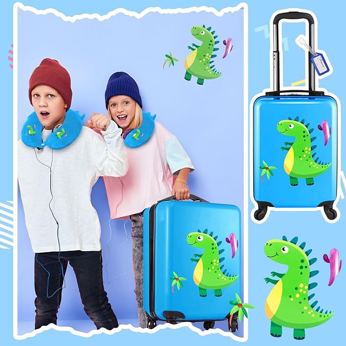 Sanwuta 4 Pcs Kids Luggage Set Backpack Travel Rolling Suitcase U-shape Pillow Christmas Children Gift for Girls Boys(17 Inch,Dinosaur Style,Blue)