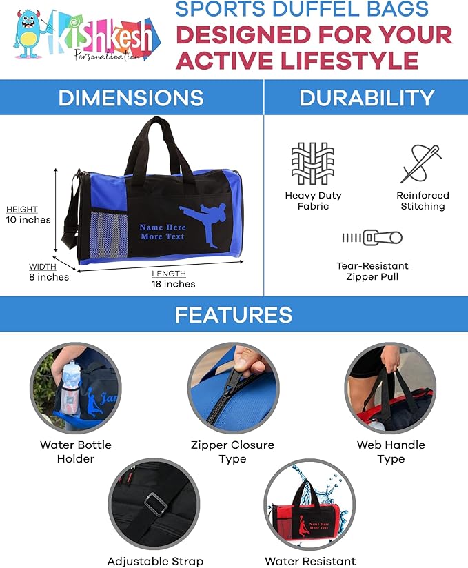 KishKesh Personalized Kids Sports Duffel Bag – Ideal for Wrestling, Gym, Travel, Training & Workout – Durable, Costumizable Name & Text – Blue, 18" x 10" x 8"