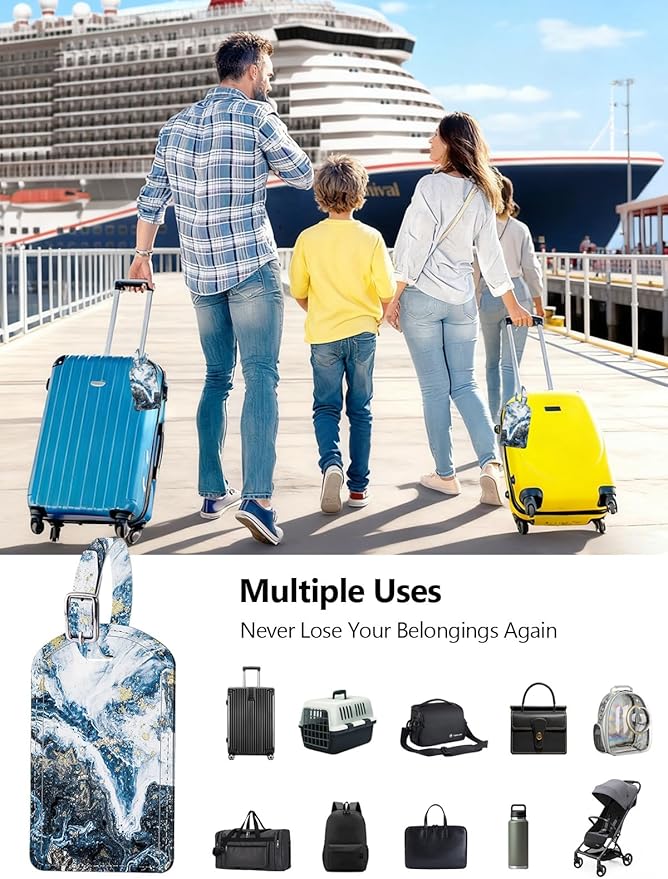 Luggage Tags Built-in Anti-Loss Tracker, Luxury Leather Luggage Tags for Suitcase, Travel Bags, Backpacks, Travel Organizer for Lost Baggage Prevention (Marble Texture)