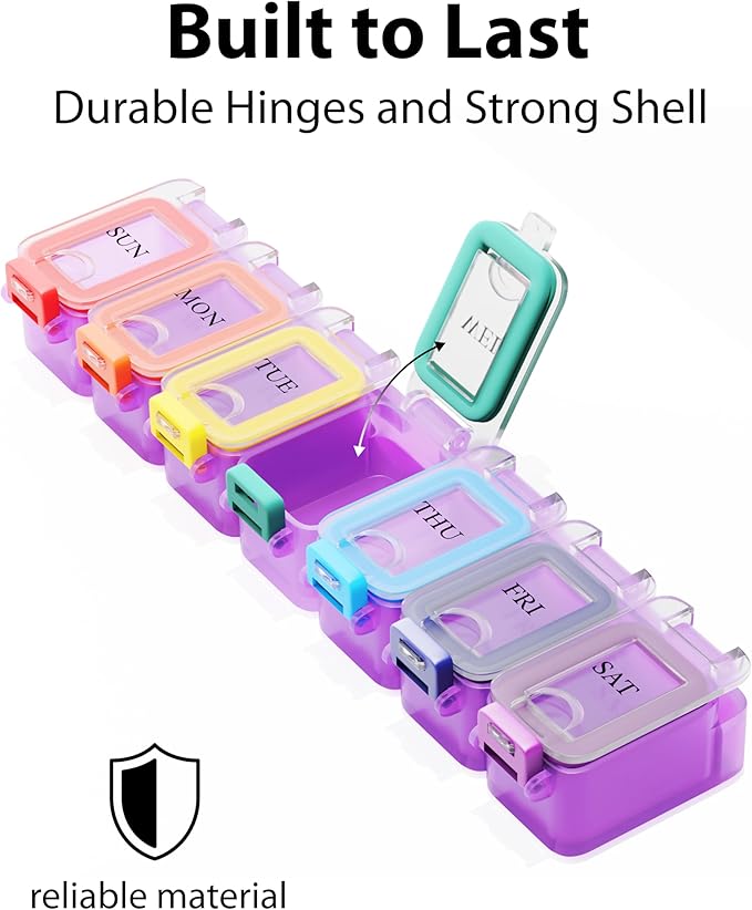 Weekly Pill Organizer 1 time a Day – Pill Box 7 Day with Enhanced Waterproof Seal, Large compartments Hold Big Vitamins & Supplements, Upgraded Locking lids, for Home & Travel use, Durable Hard case