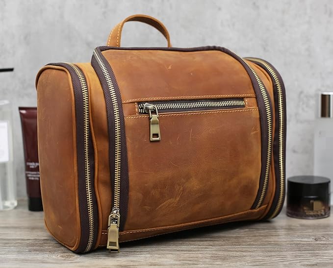 EURYNOME Toiletry Bag For Men, Genuine Leather Toiletries Organizer, Travel Hanging Toiletry Bag Large Water-resistant Bathroom Shaving Kit for Cosmetics, Makeup Case Travel Dopp Kit
