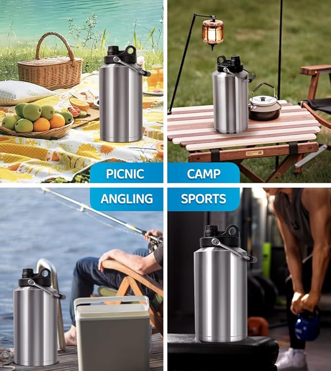 Insulated Water Bottle, 1 Gallon Jug with Handle, 128 oz Stainless Steel Large Water Bottle Wide Mouth Double Vacuum for Hot & Cold Drinks, Stainless Steel