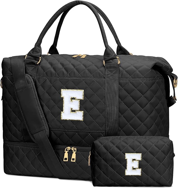 Gifts for Women Girls Initial Travel Duffle Bag Quilted Weekender Carry-On Overnight with Cosmetic Bag, Gym Bag with Shoe Compartment, Black E