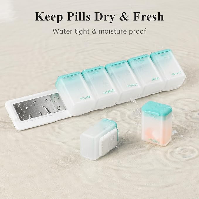 Weekly Pill Organizer Magnetic, Removable Pill Box 7 Day 1 Time a Day, Large Pill Case Travel, Week Once Daily Medication Dispenser, Medicine Container Holder for Supplement Vitamin, Cyan