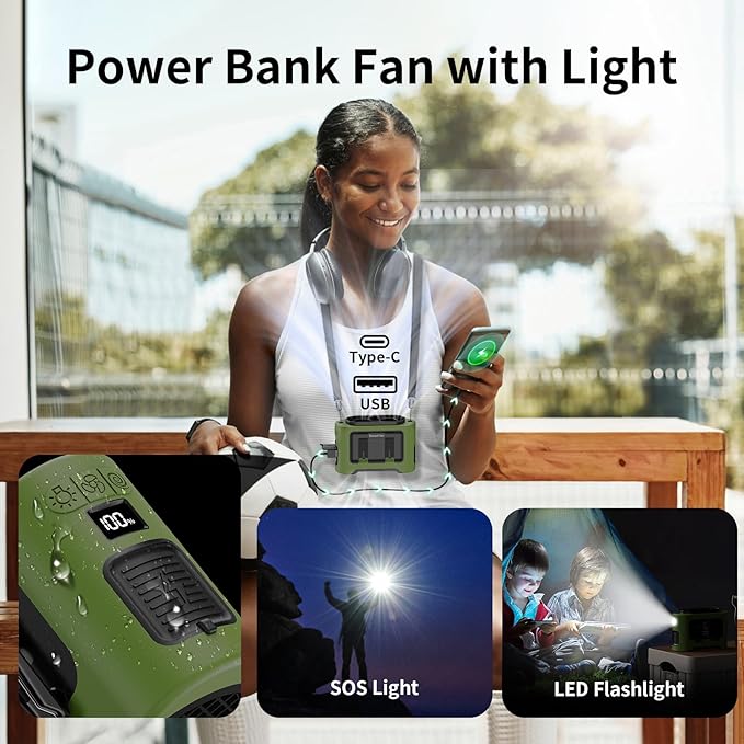 Socool 14500mAh Portable Waist Fan Clip On Wearable Belt Shirt Fan 5 Speeds with Dual Air Outlet & Flashlight Personal Hanging Neck Fans Battery Operated Rechargeable 40H Cooling For Camping Jobsite