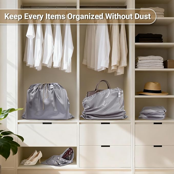 Ewen 7 Pack Satin Shoe Bags Dustproof, 23.6x19.6in Dust Bags for Handbags with Drawstring, Large Travel Essentials Packing Bag, Purse Organizer with Blank Tags for Closet Storage Jewelry Organization