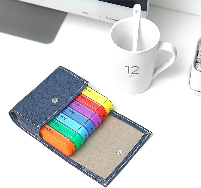 Pill Organizer,LIZIMANDU Weekly Travel Pill Case Box Medication Reminder Daily AM PM, Day Night 7 Compartments,for 4 Times A Day, 7 Days a Week-Includes Leather PU Carrying Case(1-Carved Blue3)
